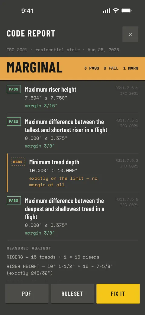 Sawline on a phone: read the report. Every row names the value, the limit and the section it came from.