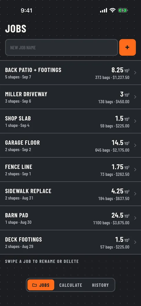 RawMath on a phone: a list of jobs, each with its shape count, total cubic yards, bag count and cost.
