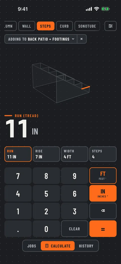 RawMath on a phone: the steps shape, with a wireframe preview above run, rise, width and step-count fields and a keypad with feet and inch keys.