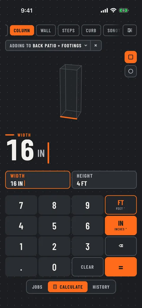 RawMath on a phone: a square column 16 inches wide by 4 feet tall, drawn as a wireframe above the width and height fields.