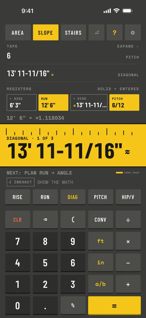 Sawline on a phone: calculate slopes. Pitch to degrees, grade, ratio and the rafter factor — then the cuts.